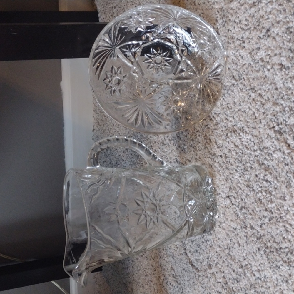 Vintage glass bowl and pitcher set .
